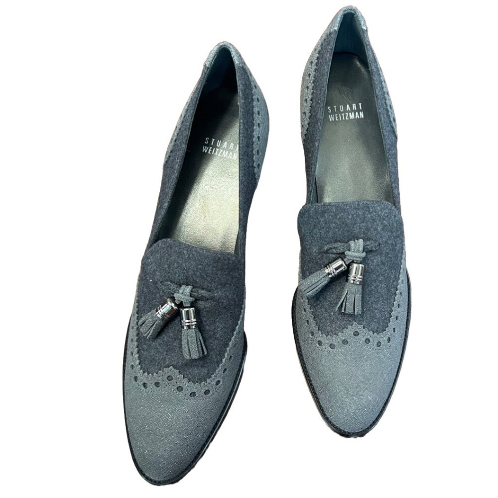 NWT Stuart Weitzman GIRLTHING Heeled Loafers - Gray Shark Nappa - Size 10N